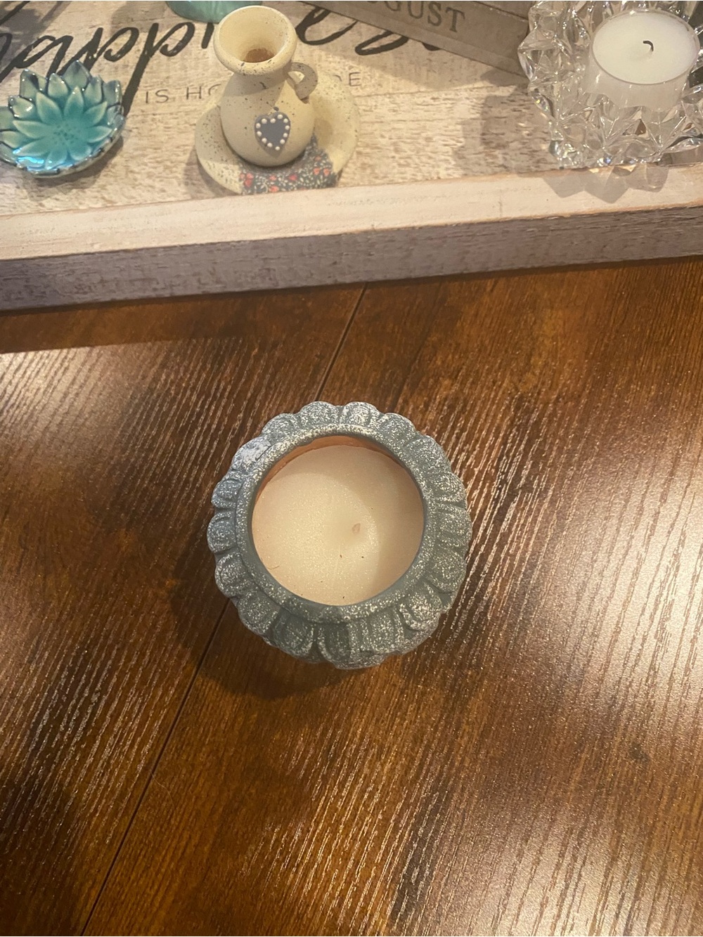 Blue Floral-Textured Candle Holder with Ivory Candle - Home Accents